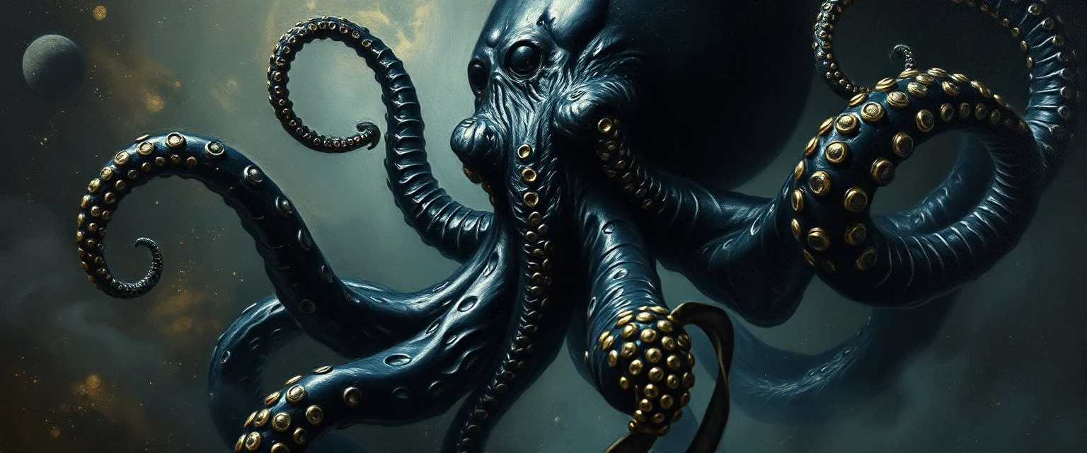 master oil painting by Rembrandt, black glistening slimy octopus insectoid hypnotic Nephilim tribe trauma watchers commando in spaceship