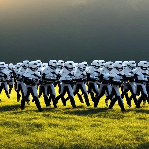 sunrise on horizon, galactic empire stormtroopers marching over grassy field