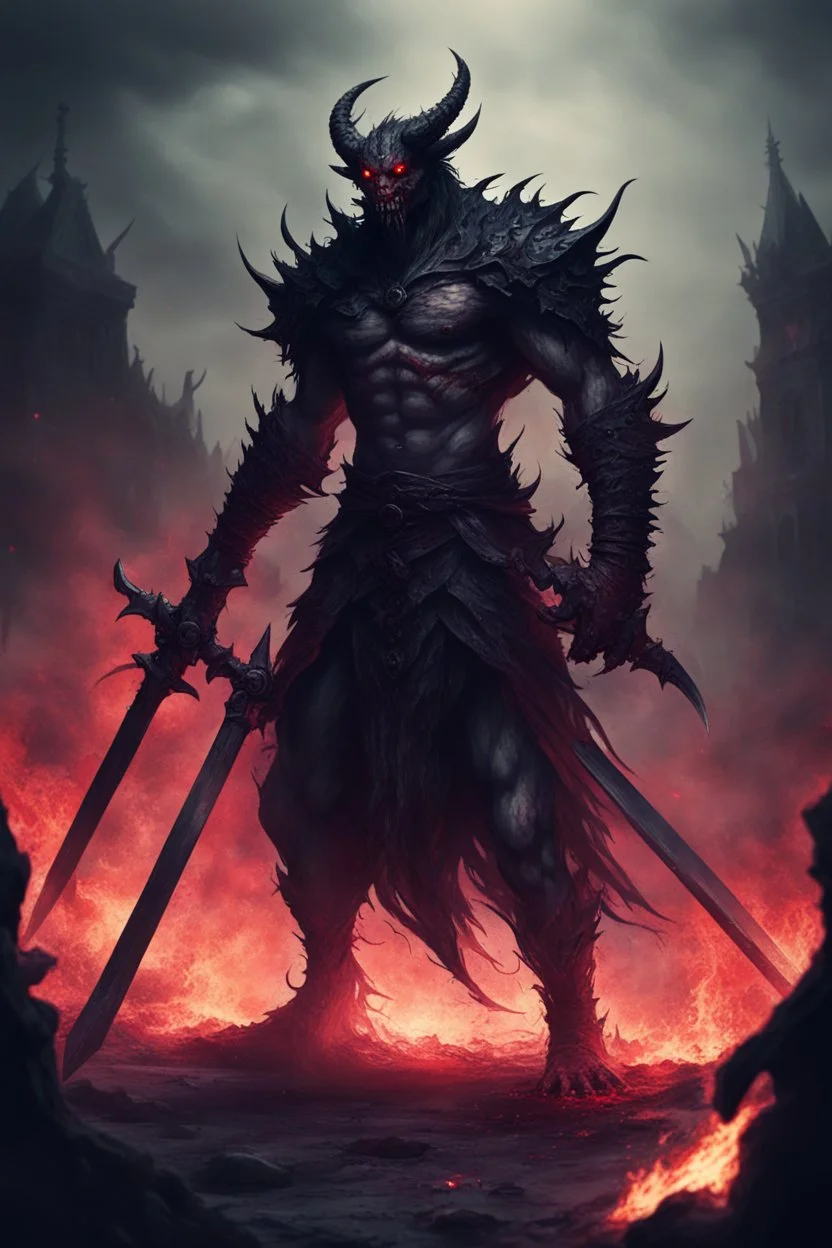 dark dreadful swordsman humanoid demon monster beast, hell in background