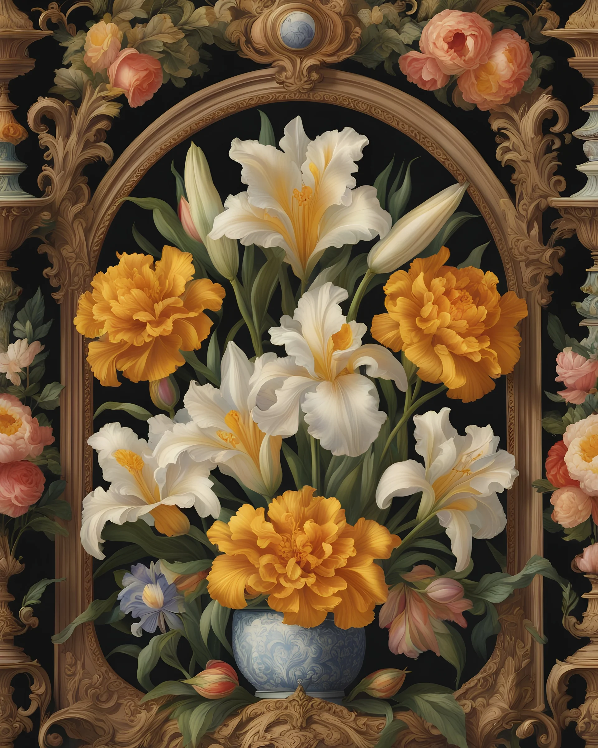 Baroque style symmetrical pattern of hyper realistic •Iris •Lilies •Marigolds •Roses •Tulips, realistic details, fine details, beautiful antique porcelain frame, crystal glass, and pearls