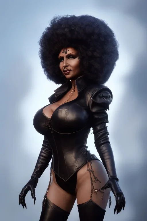 Pam Grier as evil queen in black leather, leather, busty, cleavage, angry, stern look. character design by cory loftis, fenghua zhong, ryohei hase, ismail inceoglu and ruan jia. unreal engine 5, artistic lighting, highly detailed, photorealistic, fantasy