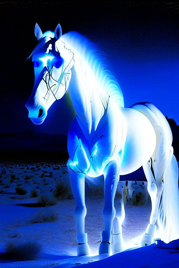 Radioactive white horse with electric blue glowing eyes, storming through the mojave desert