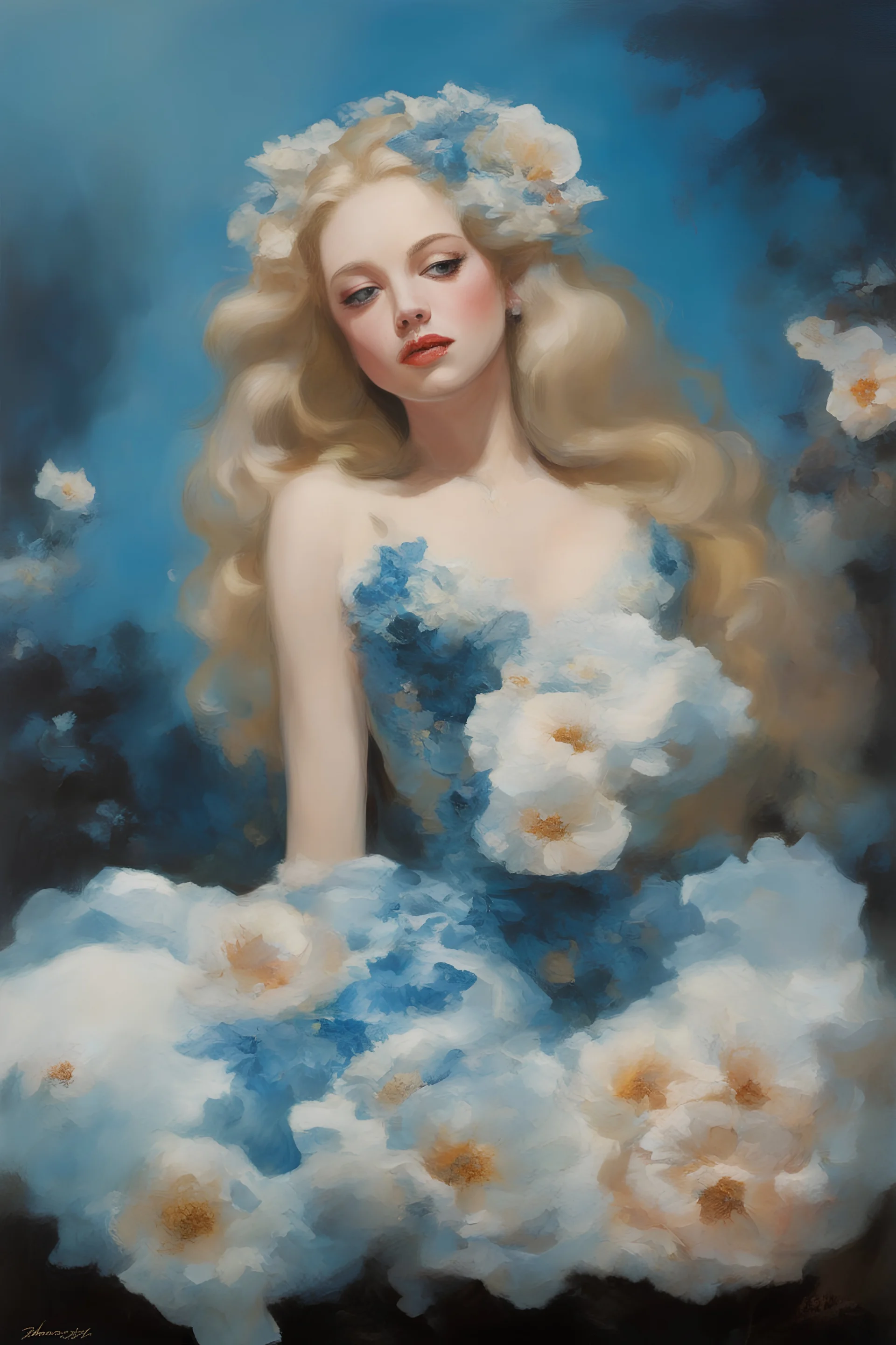 blue, large, Amanda Seyfried, blonde, floral designs, atmospheric, beautiful, China Doll, Lap dog, oil painting by Frank Frazetta