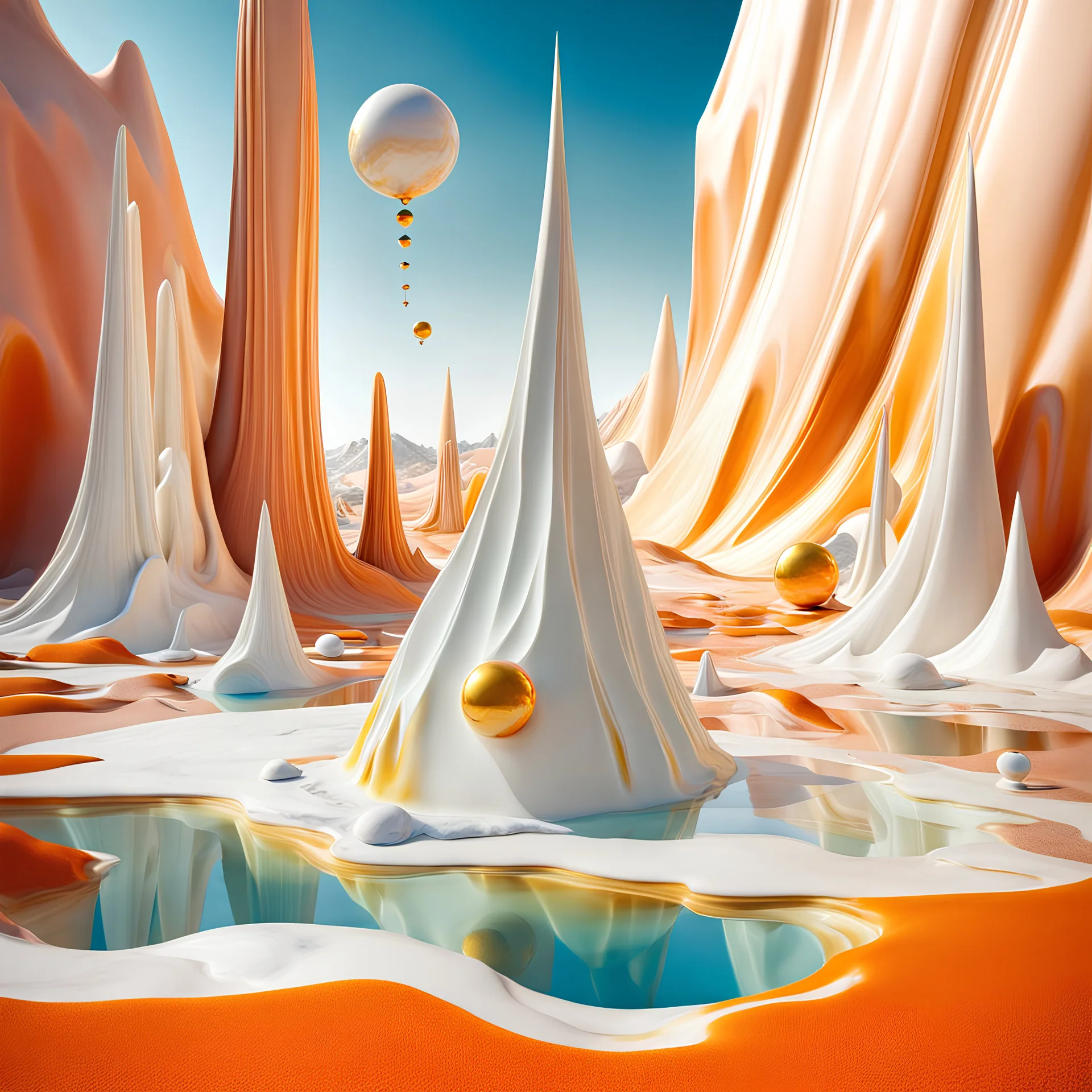 Bright, glittering, 3d, marble-like, surreal objects in a bright environment, desert, noon light, melting cream, Yves Tanguy style