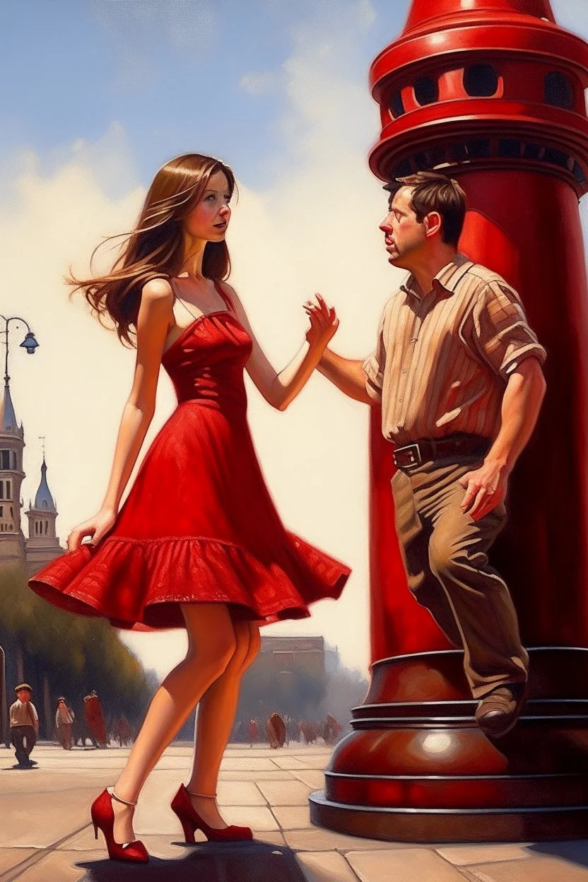 A girl collides with a man and he catches her in the middle of the road and they look at each other with the bells around them ringing, the girl wears a short red dress exposed from the shoulders, and the man wears jeans and catches an oil painting Photorealistic Behind them is a tower containing a big bell