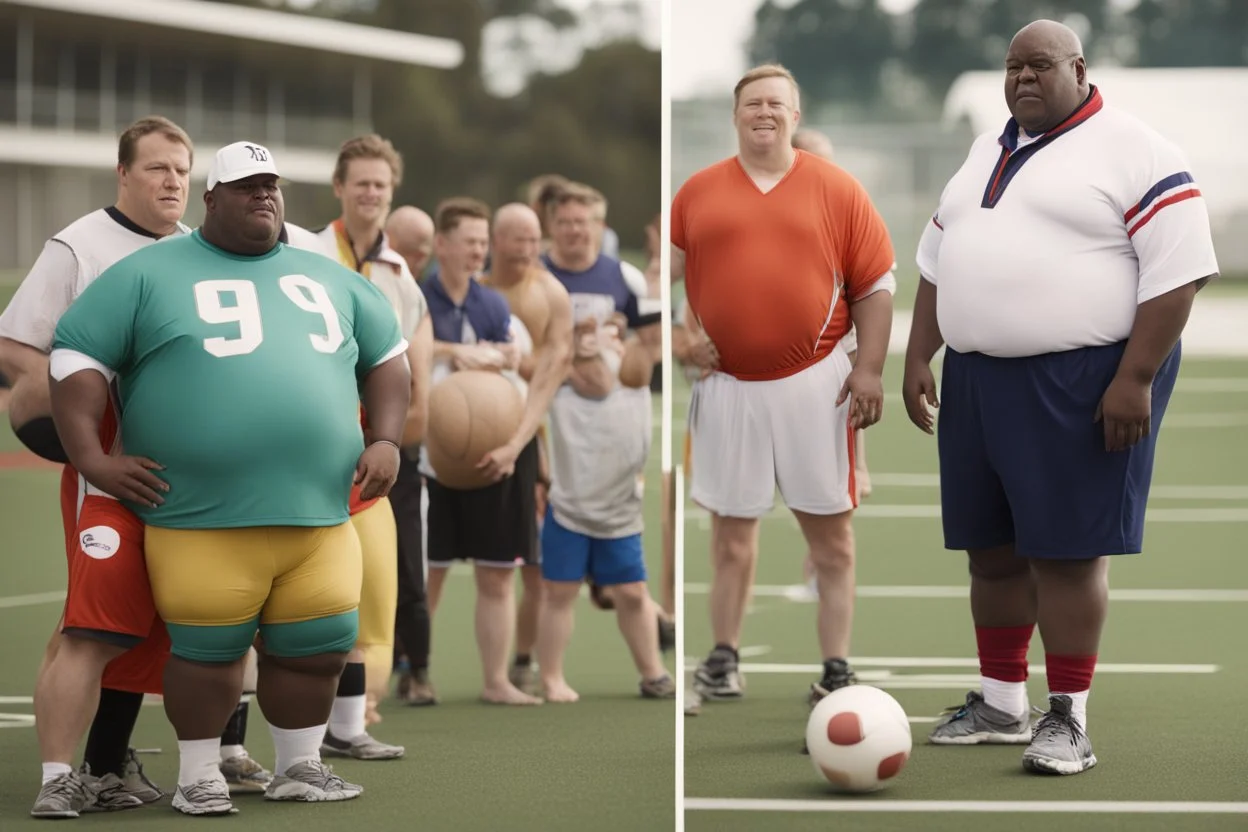 Overweight white politician wearing a suit; group of athletes in sports clothes; outside, sports field;