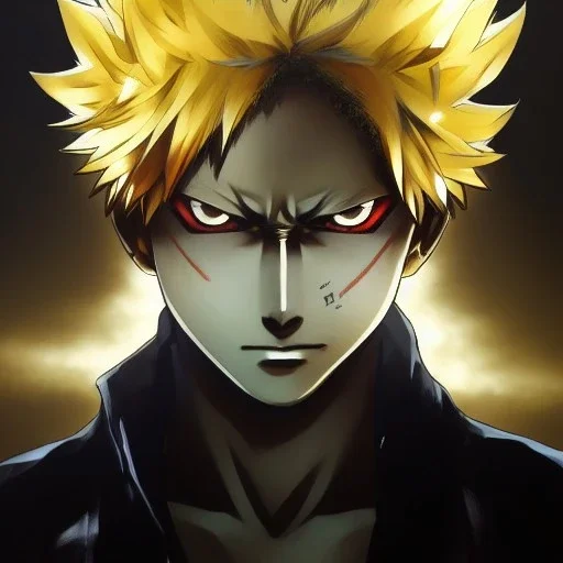 Detailed anime portrait of bakugo from my hero academia, gold hair and golden eyes, black suit, intricate details, full body portrait, keep head in frame, slight smile, black Japanese motif, concept art, highly detailed, digital painting, concept art, sharp focus, illustration, art by Yoji Shinkawa, WLOP and greg rutkowski and alphonse mucha and artgerm and yanjun Chen and Junji ito and Makoto Shinkai, HDR, octane render