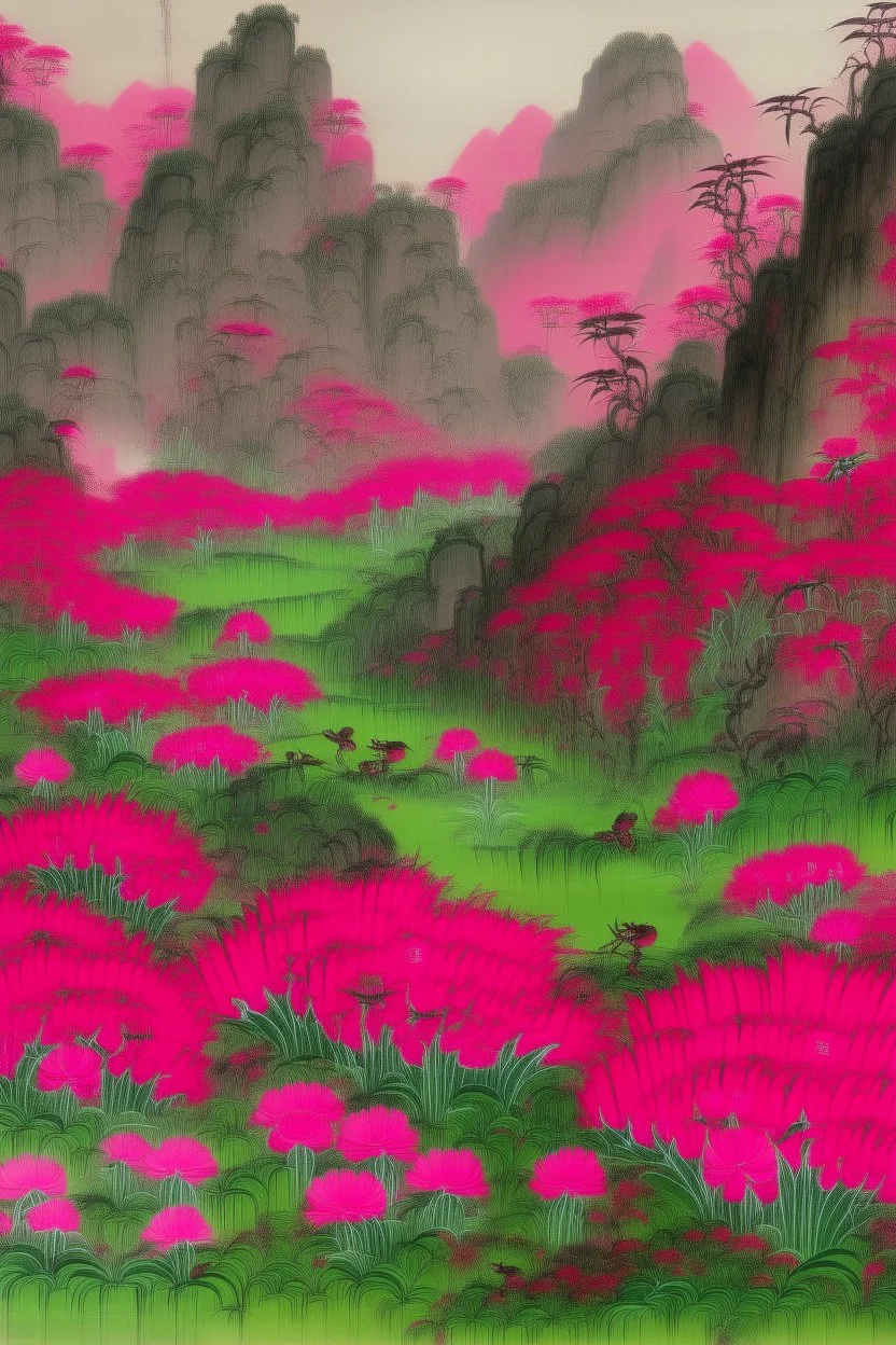 A magenta garden with crickets painted by Guo Xi