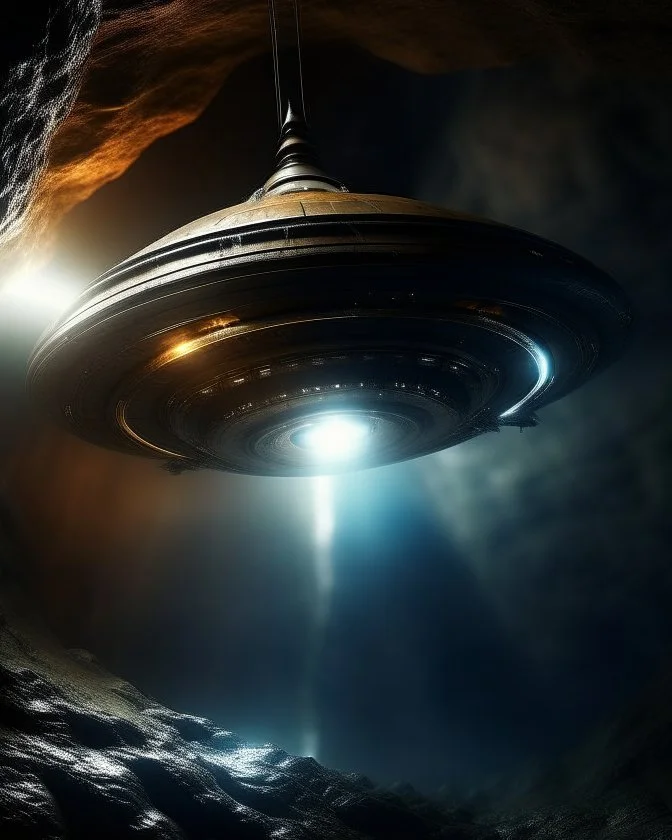 a ufo spaceship raise up through the chasm of the underworld