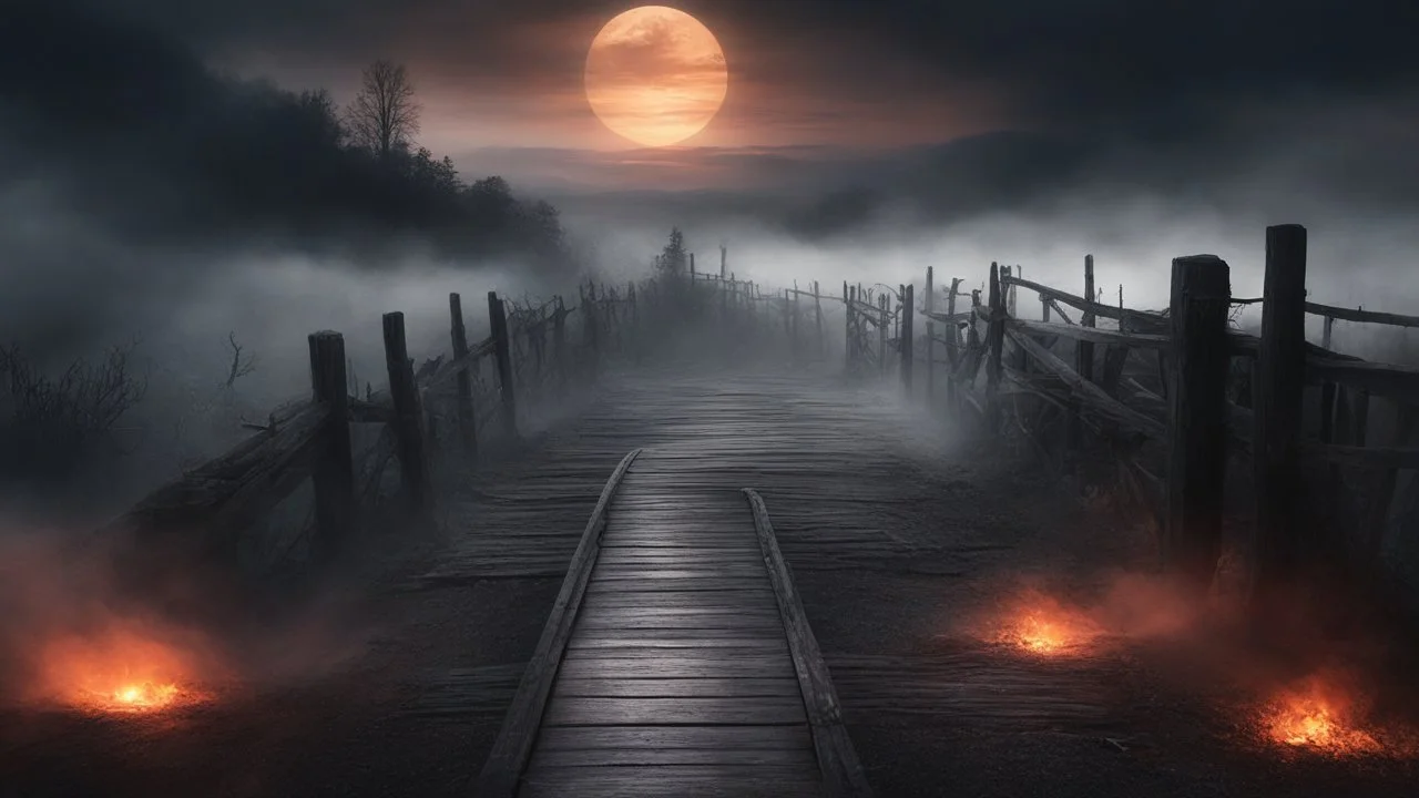 walking straight ahead over a wooden bridge, holding the angel of death with your right hand, entering the fog at the end of the road that leads to the afterlife, and a beautiful sunset and galaxy's behind the fog, realistic