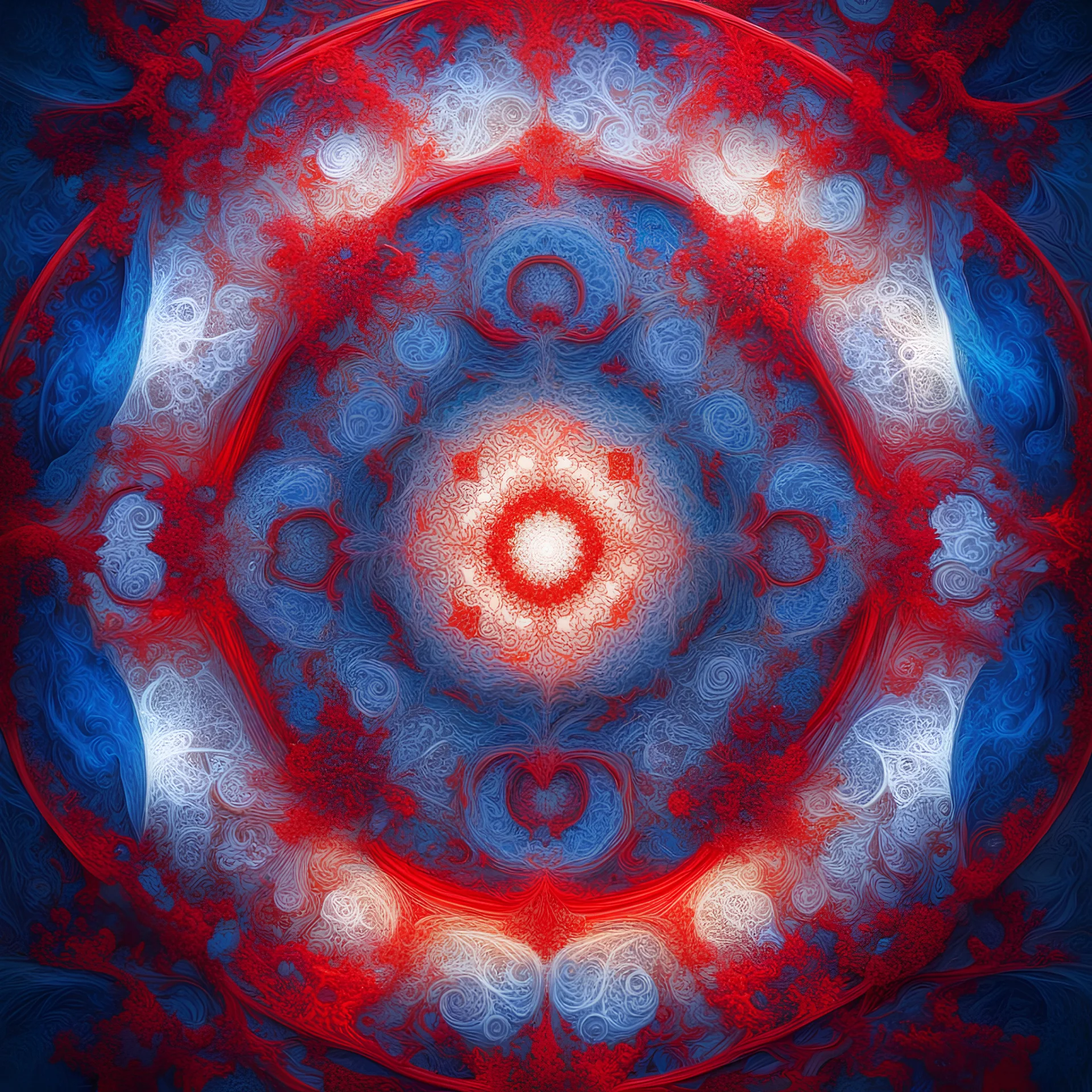 abstract intricate art with (blue on top third of the photo) , (white in the middle third of the photo), and (red in the bottom third of the photo), glow, ornament