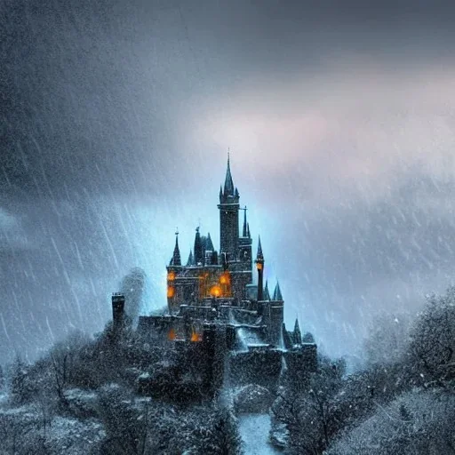 magic, castle, rain, landscape, snow, bright foreground, dragons