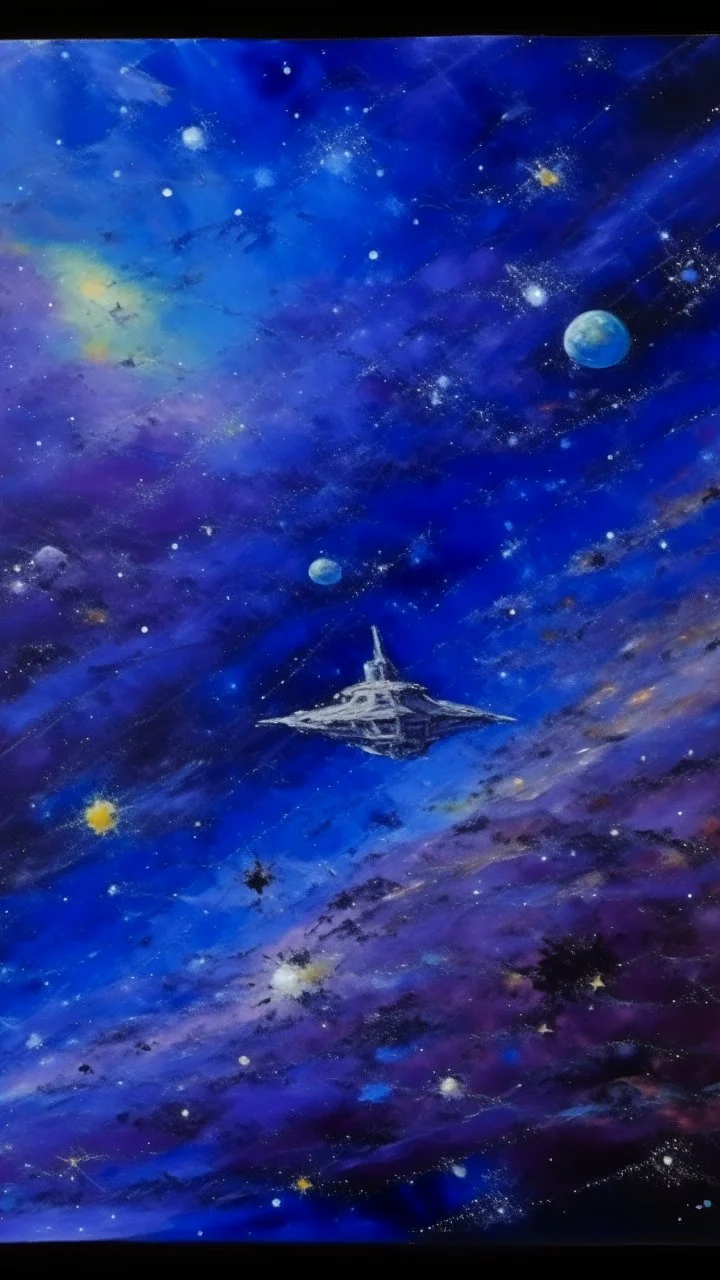 A violet galaxy with spaceships and stars painted by Claude Monet