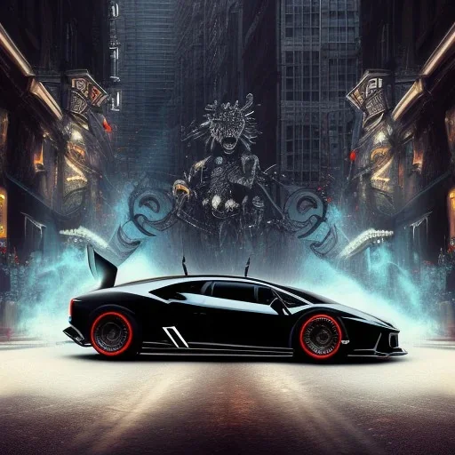 Fire head skeleton Rider wearing a black leather on black Lamborghini in the middle of street rounded by high tower in a City