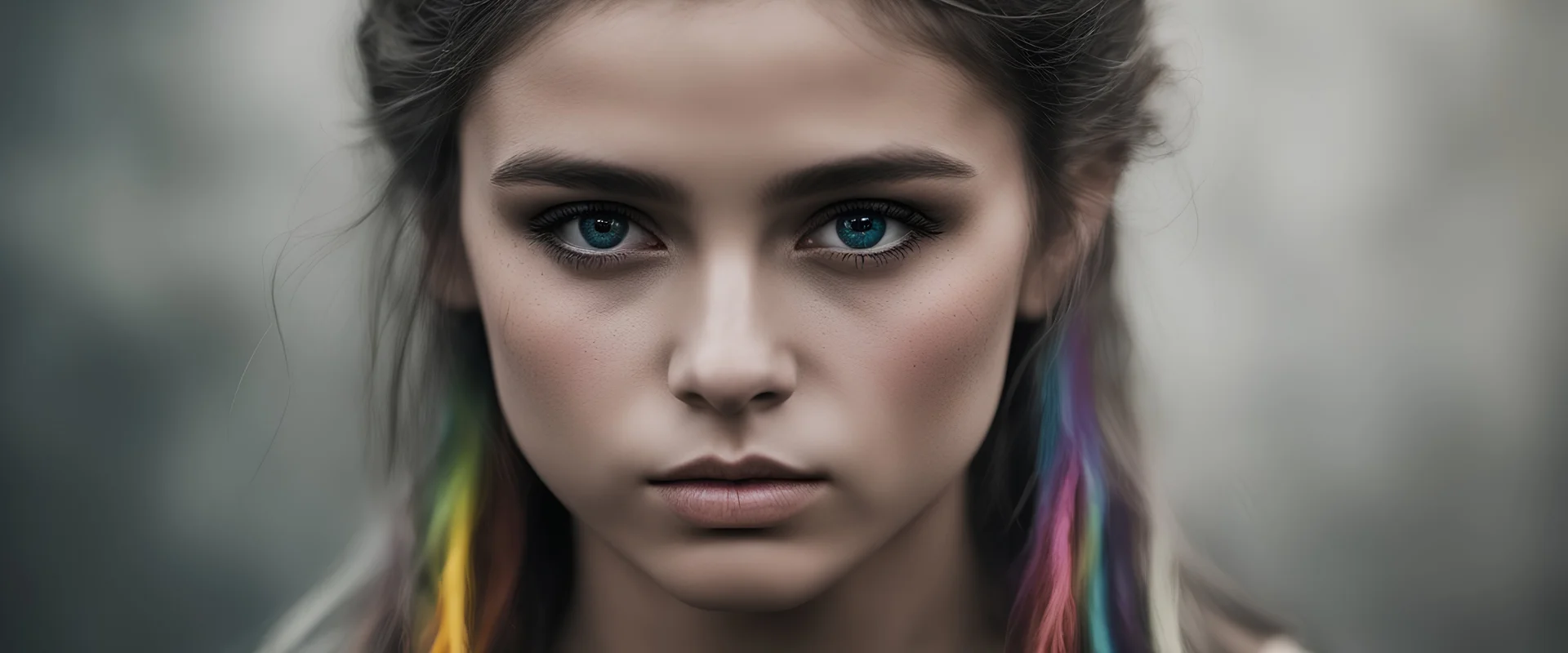 Photoreal gorgeous shot of beautiful girl with multi-colored eyes, warrior, strong, sad, resilient, vivid vertical rainbow on left side only forehead from hairline to eyebrow, long black tears below both eyes, full body, forgotten realms fantasy style by lee jeffries, otherworldly creature, in the style of fantasy movies, shot on Hasselblad h6d-400c, zeiss prime lens, bokeh like f/0.8, tilt-shift lens, 8k, high detail, smooth render, unreal engine 5, cinema 4d, HDR, dust effect, vivid color