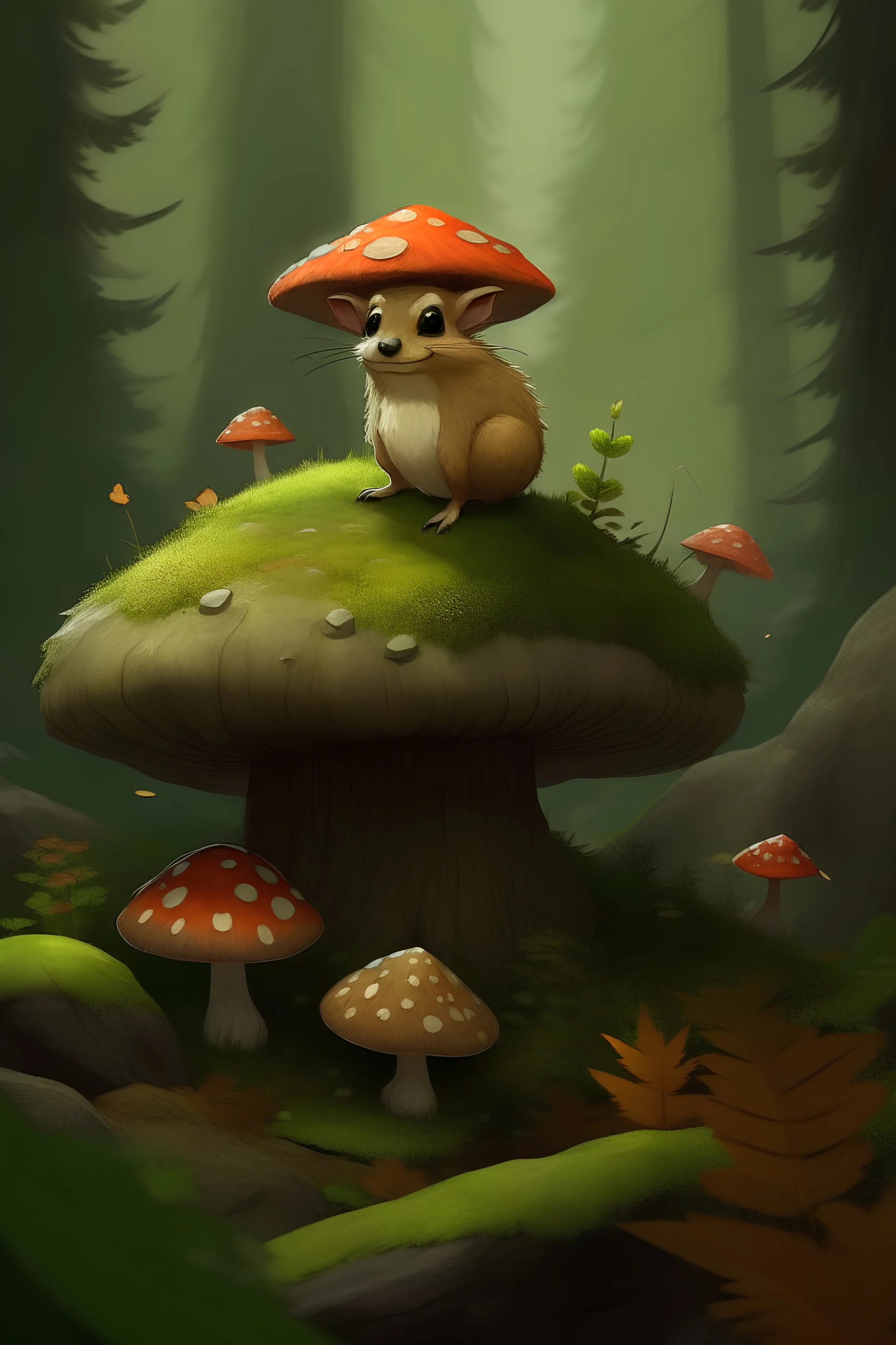 digital painting of a cute, young and agile character of a mixed animal, mixed acorn, standing in a Nordic forest with big rocks, moss and mushrooms in the background