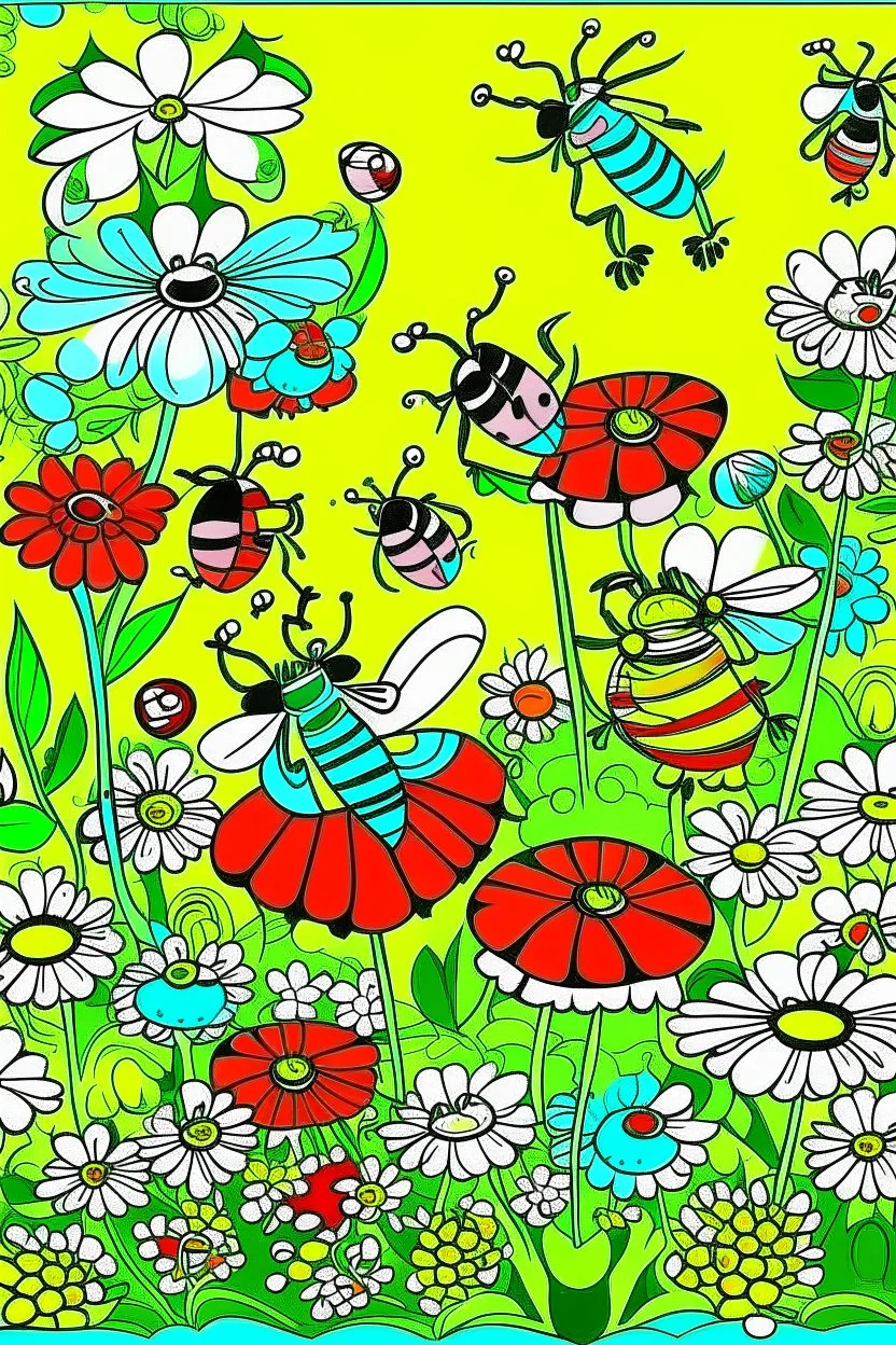 flowers, butterflies, bees, and ladybugs in a garden setting, cartoon style, thick outline, low details, Vivid Color