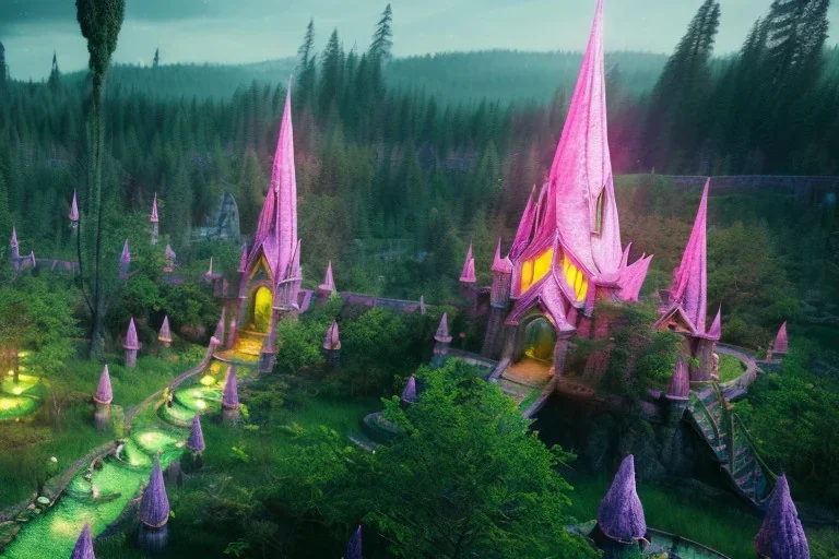 Immersive​ Magical fantasy elven town city tower forest rivendell tree flower pink green yellow beautiful nature river 4k full hd