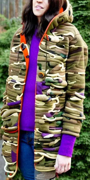 Brunette woman. average body type, think thighs and thick calves. Mantle is sewed of recycled Denim and sewed together of camouflage pieces. Printed camouflage figures are orange,terracotta, cream and purple. It is with big bright purple felt tippet and cream-colored-hood. mantle is merged with satchel. . AKG-style headphones (gold rings!) is merged with small felt cap with small visor. Style: Haute Couture in 1936, Paris fashion in 2023, inspired by street art. Cream latex gaiter.