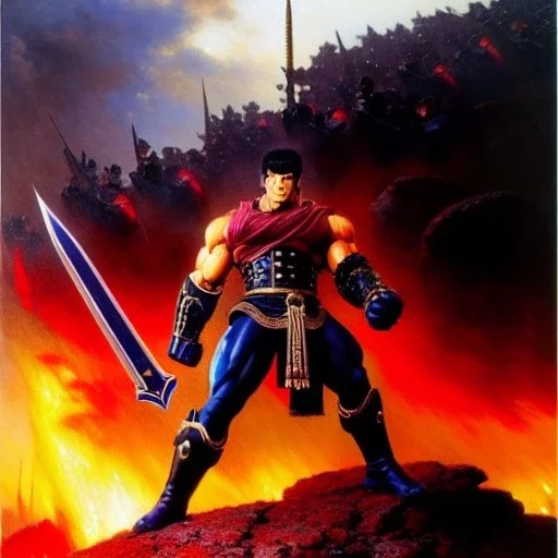 portrait 'Raoh-Fist of the north star',ancient metal armor ,painting by gaston bussiere, greg rutkowski, yoji shinkawa, yoshitaka amano, tsutomu nihei, donato giancola, tim hildebrandt, oil on canvas, cinematic composition, extreme detail,fit full head inside picture,16k