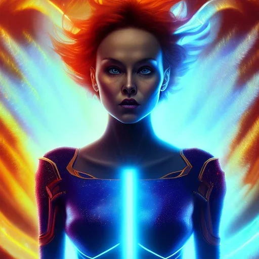 Dark Phoenix, X-Men , Jean Gray. hyperfantastic,hyperscifi,unreal engine.best colours,deep purple . fire theme .blue neon smoke.cinamatic,full cinematic lights.beautiful body details,beautiful face details,