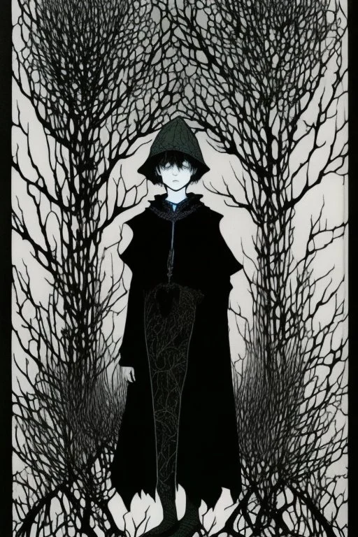 7 year old boy, friendly, looks dead, with weird mushrooms growing out of him, wearing black robes, in the style of Harry Clarke