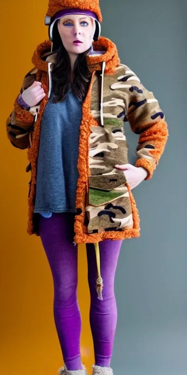 Brunette woman. average body type, think thighs and thick calves. Mantle is sewed of recycled Denim and sewed together of camouflage pieces. Printed camouflage figures are orange,terracotta, cream and purple. It is with big bright purple felt tippet and cream-colored-hood. mantle is merged with satchel. . AKG-style headphones (gold rings!) is merged with small felt cap with small visor. Style: Haute Couture in 1936, Paris fashion in 2023, inspired by street art. Cream latex gaiter.