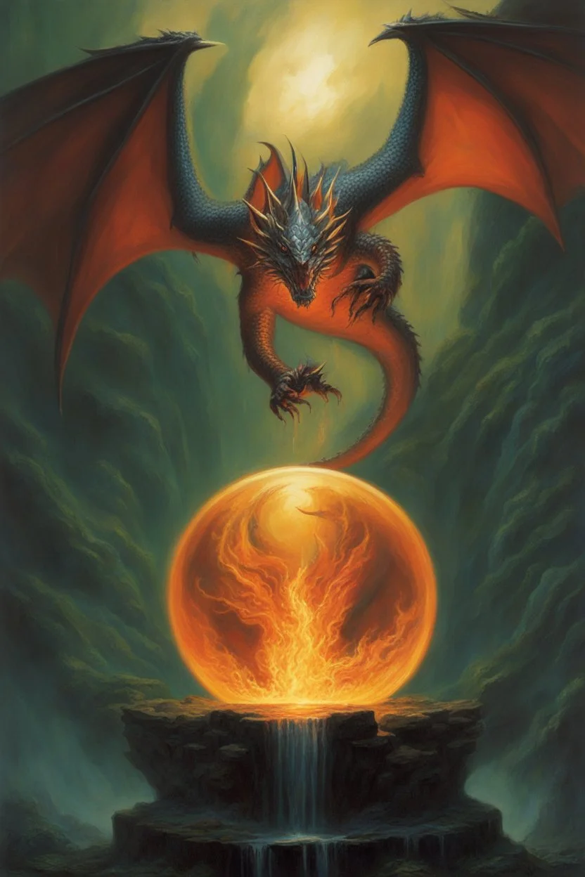 magic orb dripping with dragon fire. cloned wings. fantasy setting. painted by Jeff Easley