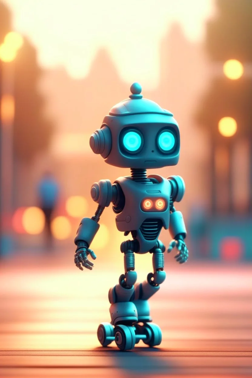 80s cute chat robot with suit and tie and rollerskates,in skating park, its such a perfect day, motion blur, smoke, 8k, downlight, soft light, depth of field, photorealism, trending on art station, some detail