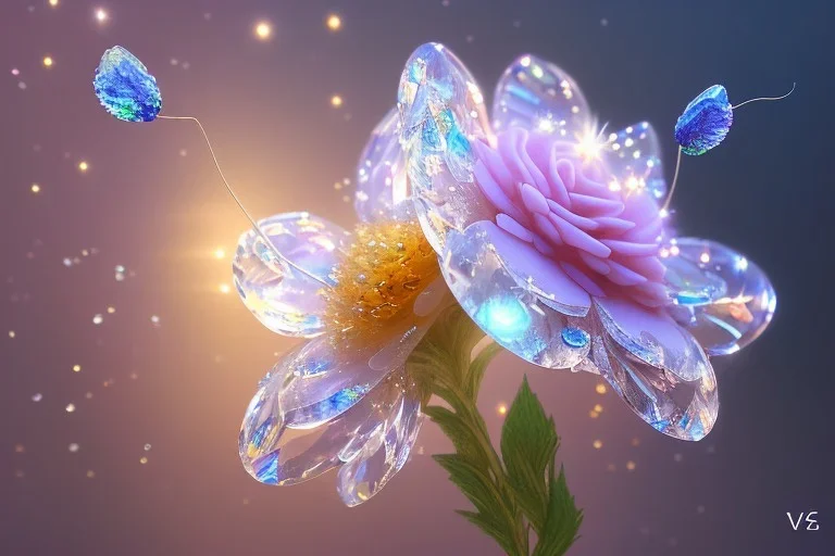 one big crystal subtle flower in a galactic ambiance with a very little beautiful fairy, transparent petals, delicate colors, in the foreground, full of details, smooth, bright sunshine，soft light atmosphere, light effect，vaporwave colorful, concept art, smooth, extremely sharp detail, finely tuned detail, ultra high definition, 8 k, unreal engine 5, ultra sharp focus