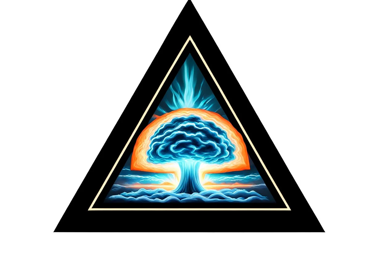 a nuclear explosion cloud, behind an orange glowing omega like shape, all inside an equilateral triangle, radiant lines, oil digital painting