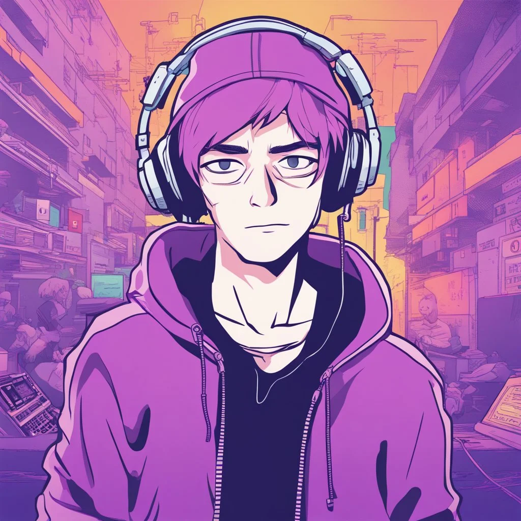 masterpiece, intricate details, a wide angle 2D anime bold line flat color illustration of a cheerful boy in a high purple hoodie and headphones in hip hop style, dopamine style, overlaying mixed patterns of pop art text and emoji device installations, sharp focus, charming character illustration, beautiful vibrant kuler palette gradient