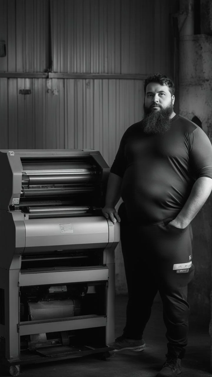 sardininan strong chubby 36 year old man in bulging tracksuit, short beard, shirtless, printer in an old printing house, next to a huge old printer, dim light, side light, ambient occlusion