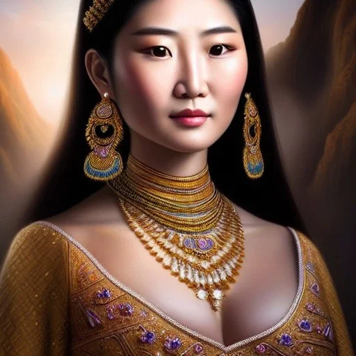 Ultra detailed fullbody Portrait in oil on canvas of Khutulun, busty Mongolian warrior princess,extremely detailed digital painting,ultrarealistic skin,intense stare, extremely detailed face, crystal clear eyes, mystical colors ,perfectly centered image, perfect composition, rim light, beautiful lighting,masterpiece ,8k, stunning scene, raytracing, anatomically correct, in the style of Simon Bisley and Ohrai Noriyoshi and robert e howard and Steve Jung and Wizyakuza and uncannyknack.