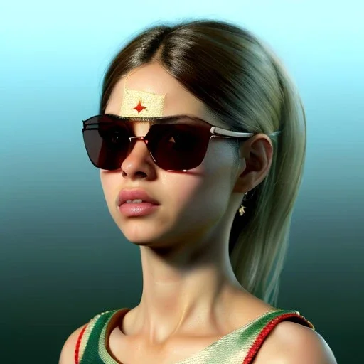 Shakira, artist, 30 years old, Realistic image, waist up portrait, etro style dress. Gucci sunglasses. loose long hair, eyes make up, perfect, glow, circle iris. concept art, smooth, unreal engine 5, god lights, ray tracing, RTX, lumen lighting, ultra detail, volumetric lighting, 3d, finely drawn, high definition, 4k.