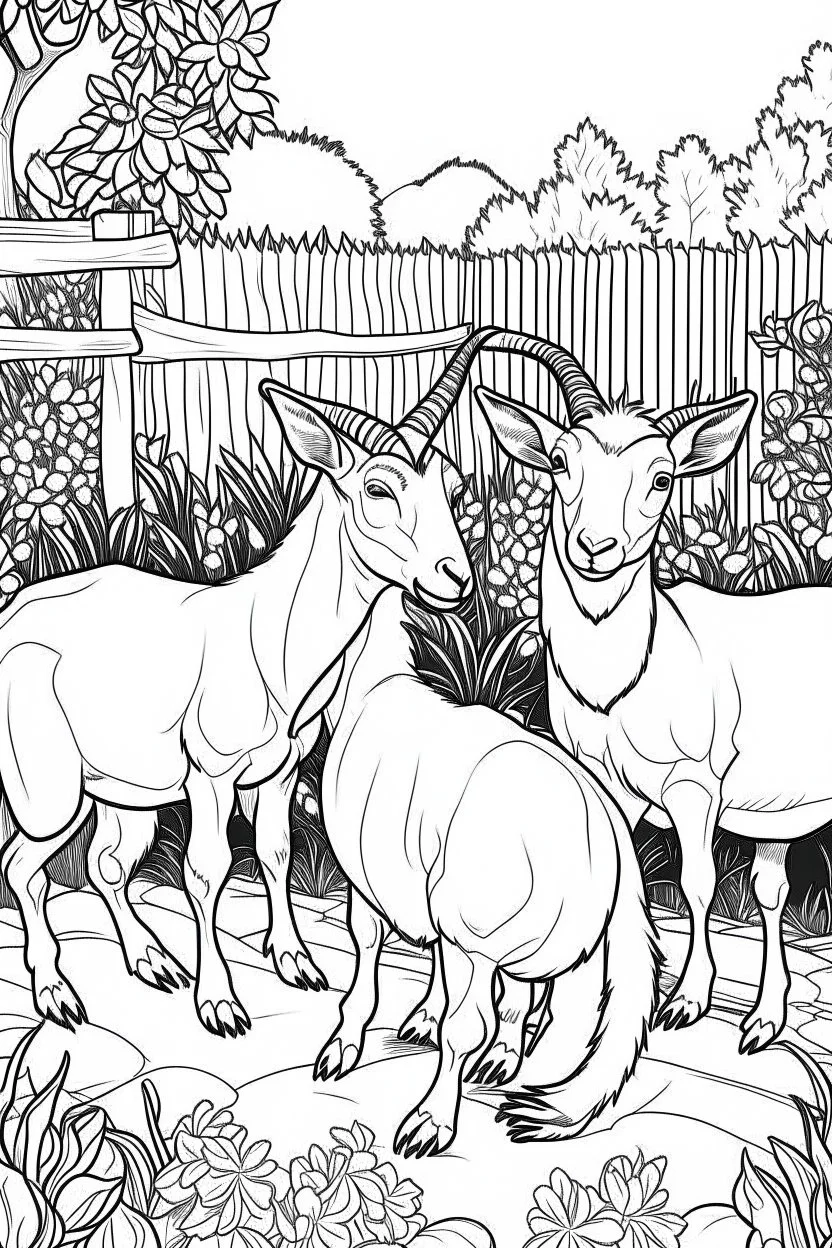 Outline art, no shading, goats full body in the garden, cartoon style, black and white, low detail, --ar 9:11