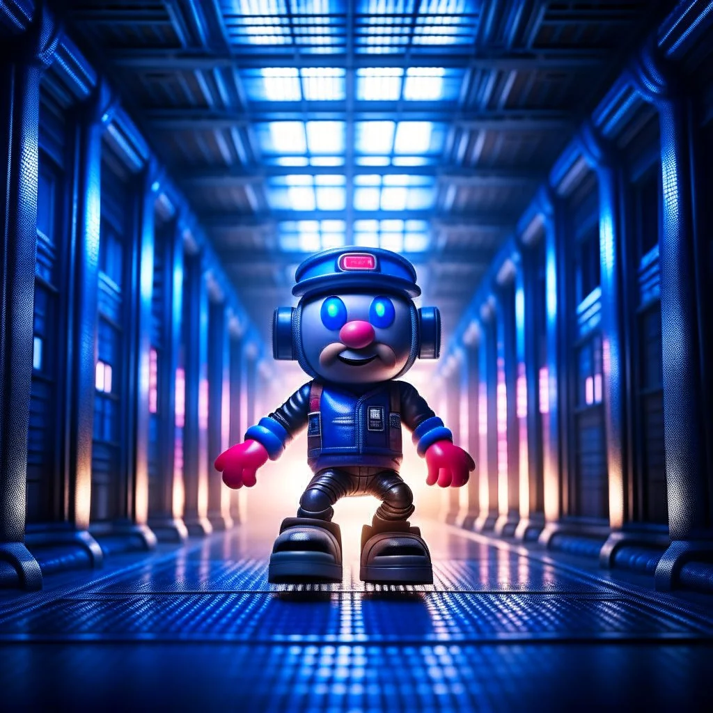 cute happy hairy futuristic hip hop chat mario robot with skateboard photo shoot in big train hall, 8k, down-light, soft light, depth of field, photo realism, trending on art station, high detail, smoke and fog