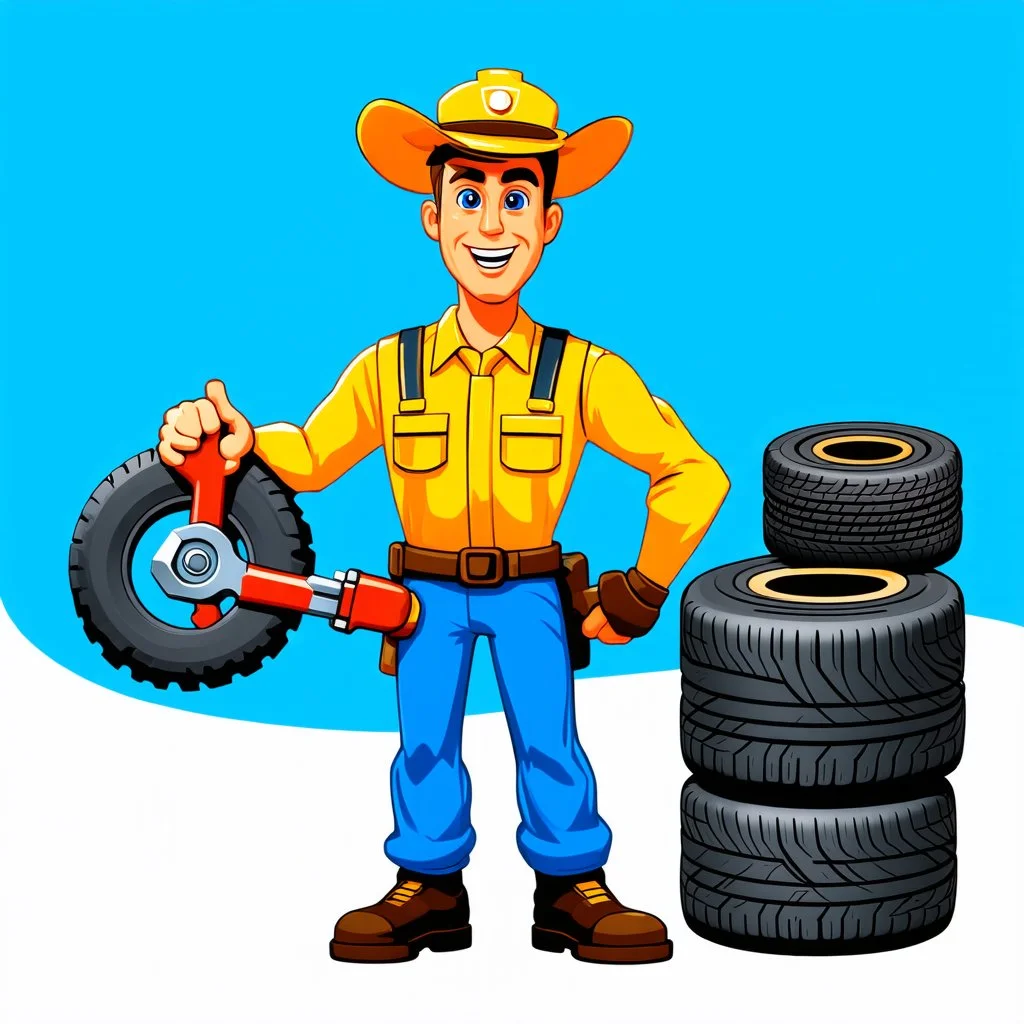 retro cartoon company mascot of a vehicle mechanic with a hint of forest ranger, holding a torque-wrench and next to a stack of tires