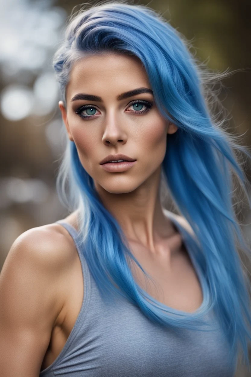 Blue hair, brown eye, woman, attractive, athletic build