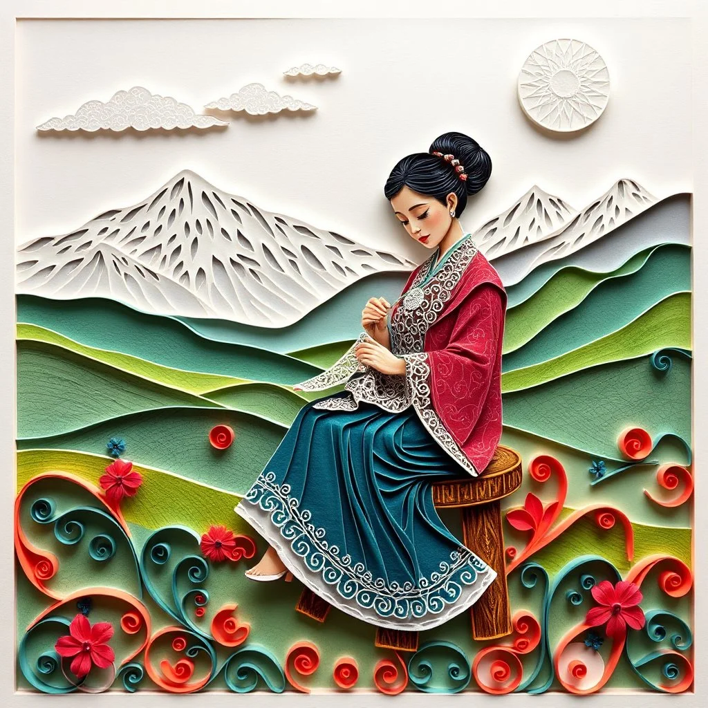 A whimsical, paper quilling-style artwork depicting a Tibetan woman in traditional dress sitting gracefully on a wooden stool. She is embroidering delicate lace, her hands gently working with thread. The backdrop features sweeping Himalayan landscapes with snow-capped peaks, rolling green hills, and a soft, dreamy sky. The entire composition is rendered in vibrant colors and intricate paper quilling effects, with swirling patterns and layered paper textures that create a sense of depth and playf