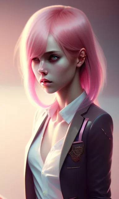 girl, cute, beautiful, pink hair, brown eyes, long hair, bangs, knife in hand, blood on face, by Greg Rutkowski, big boobs, blazer, yandere