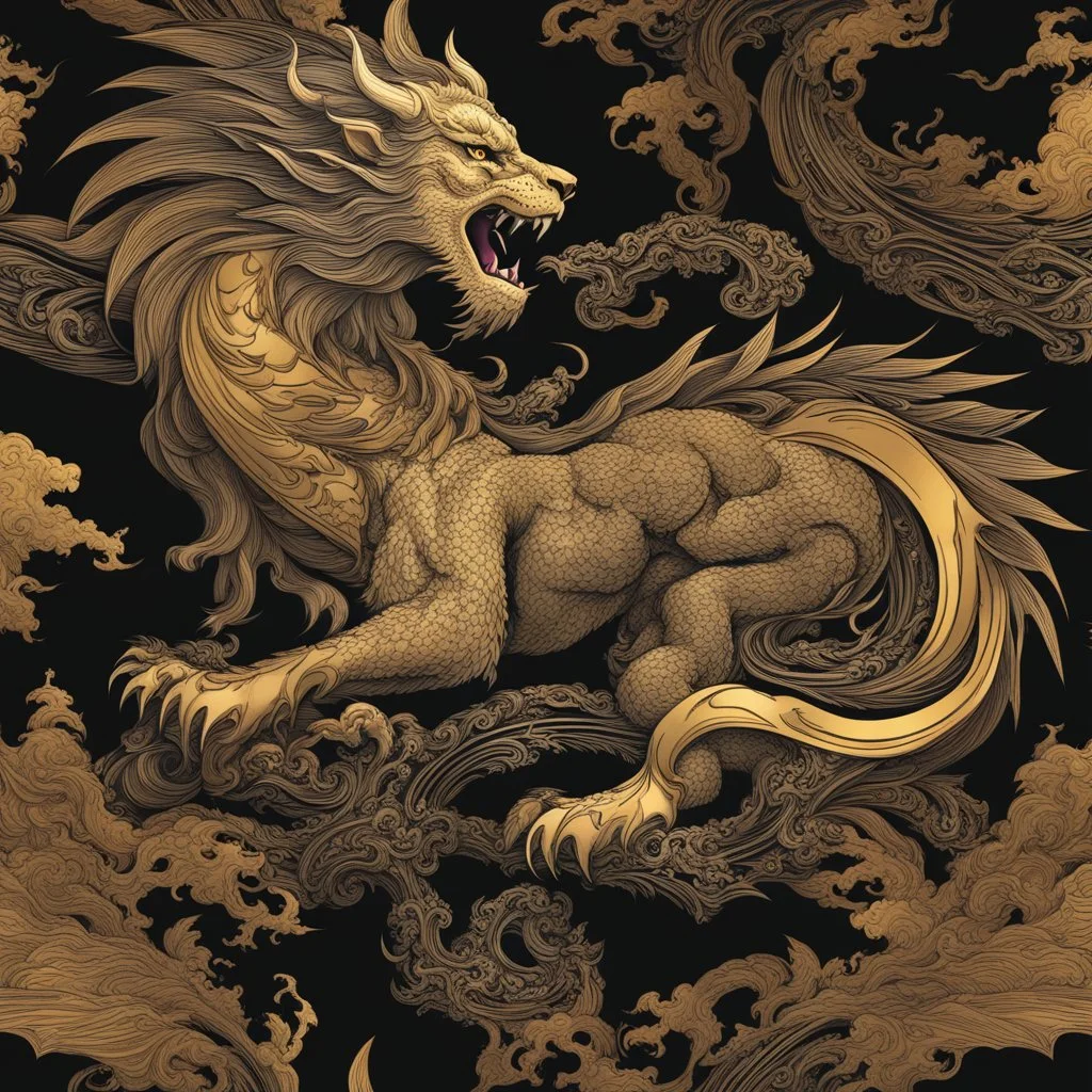 Decorative dragon lion fighting lightning in the form of Zeus.