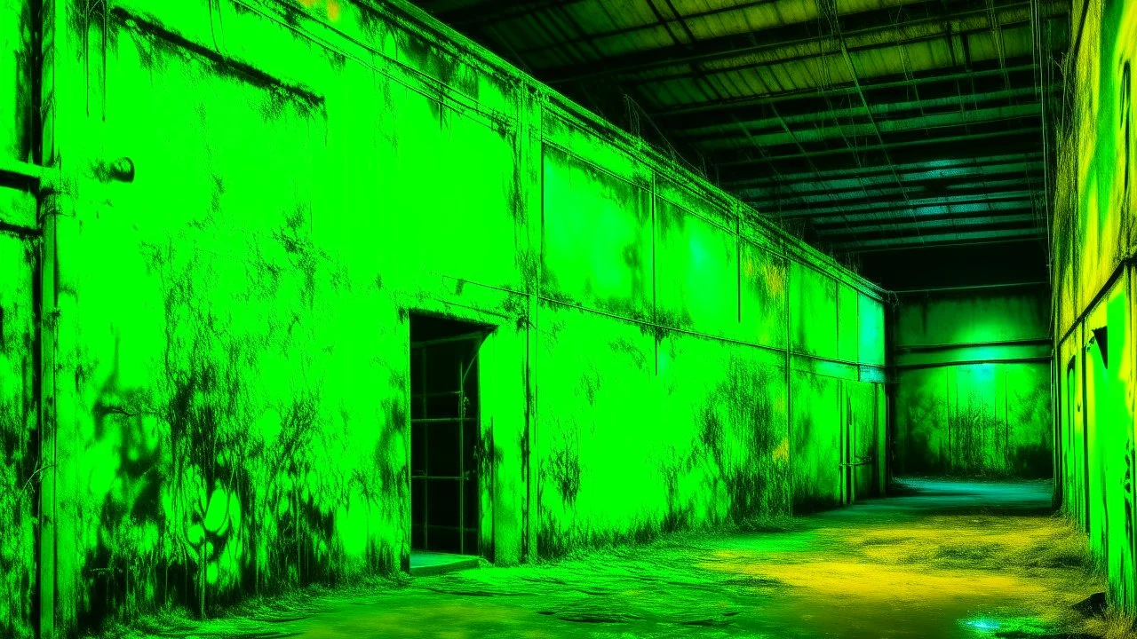 A neon green warehouse covered in mold painted by Vincent van Gogh