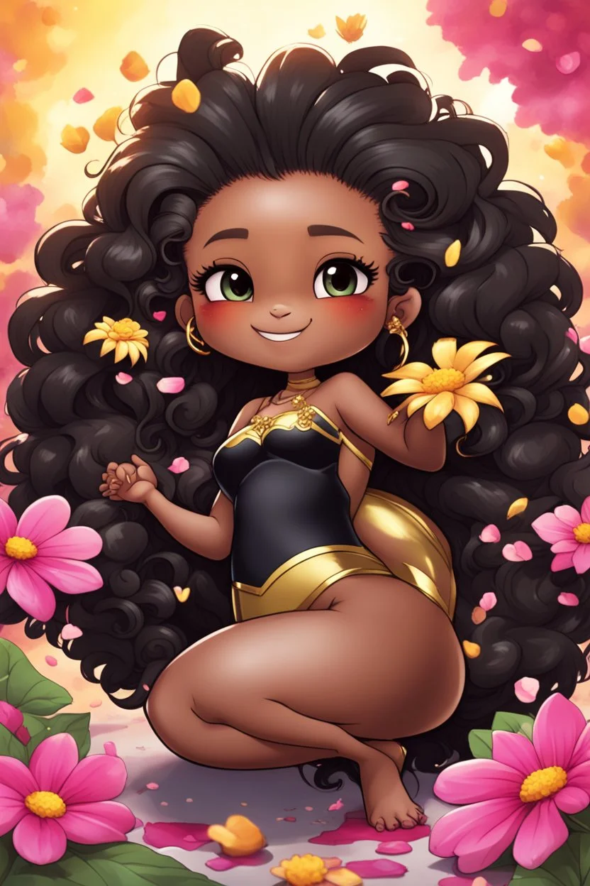 A sassy thick-lined airbrushed cartoon black chibi girl lounging lazily on her side, surrounded by flower petals. She has a golden lion tail curling playfully behind her curvy body. Looking up coyly, she grins widely, showing sharp lion teeth. Her poofy hair forms a mane framing her confident, regal expression.