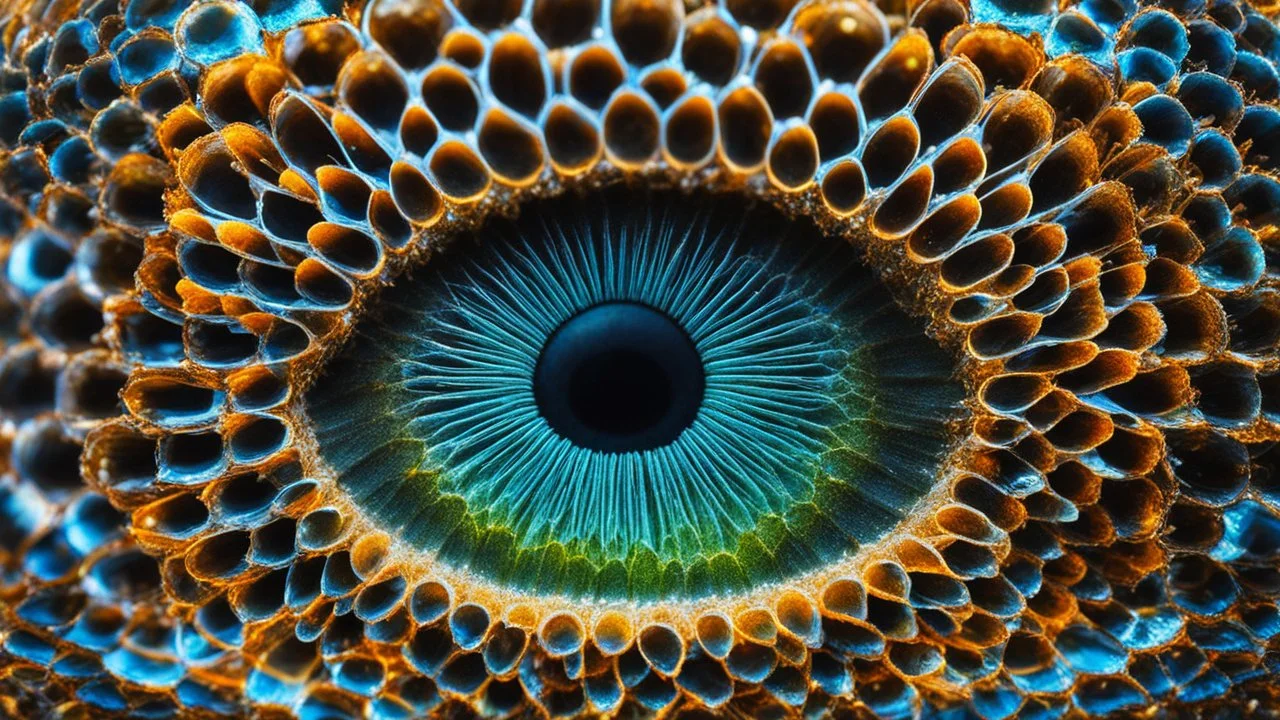 A detailed photomicrograph of an insect's compound eye, with hundreds of tiny, hexagonal lenses that make up the eye. The image highlights the eye's complex, multifaceted structure and reflective properties. Beautiful award-winning photograph, inspiring, rule of thirds, balanced delightful composition, perfect lighting, superb detail, 16k render