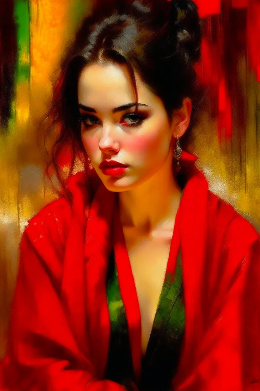 a beautiful woman with nice eyes, nice lips, in red cloths. art by Jeremy Mann,