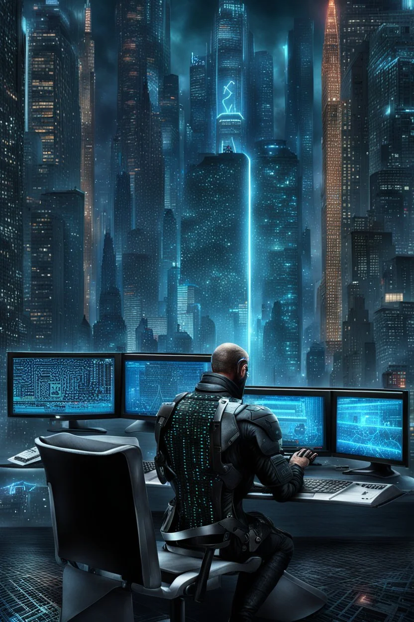 cyberpunk programmer black_Cat-human hybrid_Typing_on_computer_background binary codes, surrounded_by_mindent_3D_binary matrix codes and neutron mesh_etheral, Paranoid_sci-fi_in background_a_tall_cyberpunk_city, the cat hacker watchings monitor, Hyperrealistic texture, high detail, Sinister, cold dynamic lighting, dark-neon colors, Ultra_HD_intense_focus