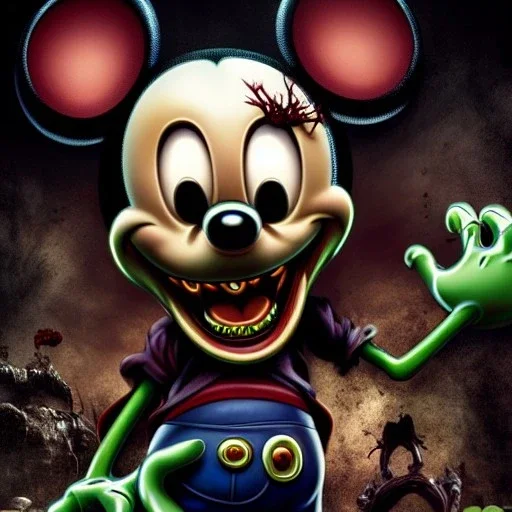 Rotting corpse zombie who is mickey mouse smiling, evil, arms forward like a mummy, fangs, sharp focus, ears, boots