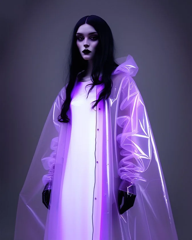 painting by koson ohara and marta bevacqua, portrait of a beautiful goth woman with long black hair, wearing a plastic raincoat, purple neon lighting, 8k, high quality, highly detailed