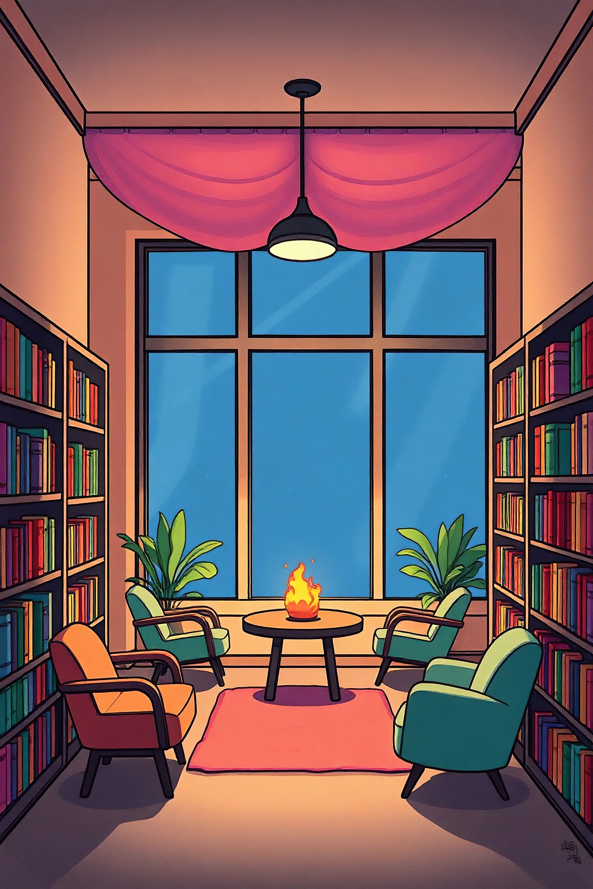 Warm, cozy, colourful, drawn, library, omori, empty, background